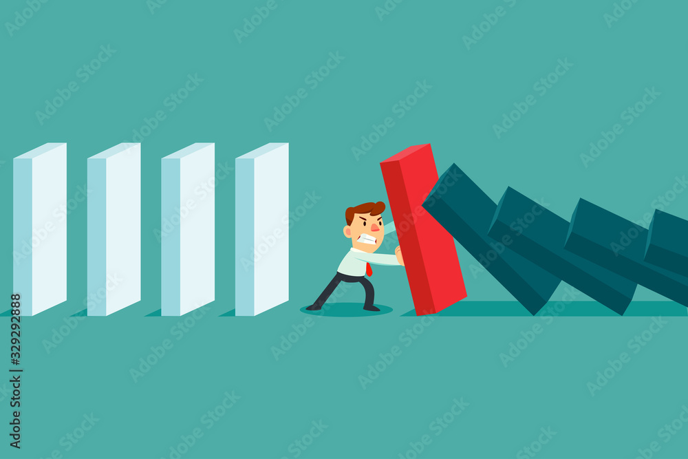 businessman stopping falling domino effect businessman stopping falling domino effect