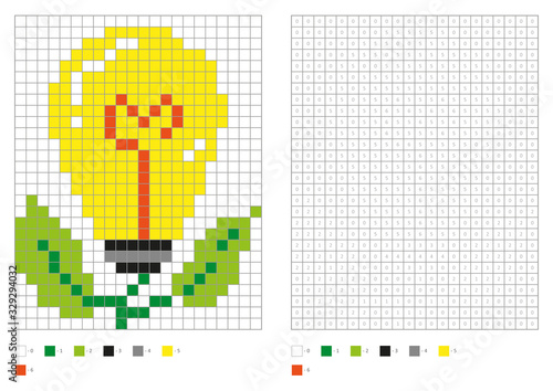 Kids coloring page, pixel coloring eco lamp.  Vector illustration