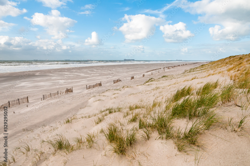Beach and North Sea on a windy day at the Maasvlakte, Rotterdam, The Netherlands
