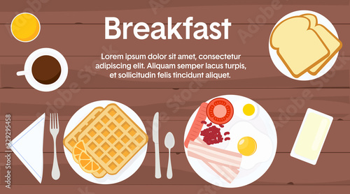Vector Illustration of a Breakfast Table, with different breakfast items