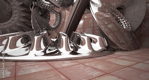 Abstract architectural background. Rusted metal interior with concrete and chrome  discs . 3D illustration and rendering.