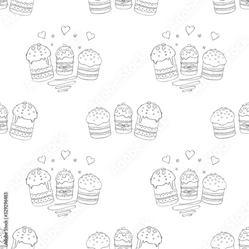 Seamless pattern. Easter cake or sweet bread or Paska. Soft Spring festive background and texture with traditional orthodox food in contour doodle style. Hand Drawn illustration