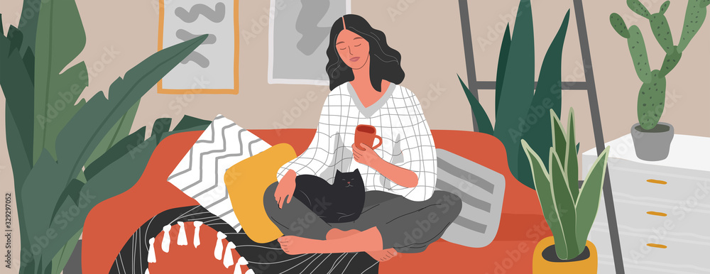 Fototapeta Girl sitting and resting on the couch with a cat and coffee. Daily life and everyday routine scene by young woman in scandinavian style cozy interior with homeplants. Cartoon vector illustration.