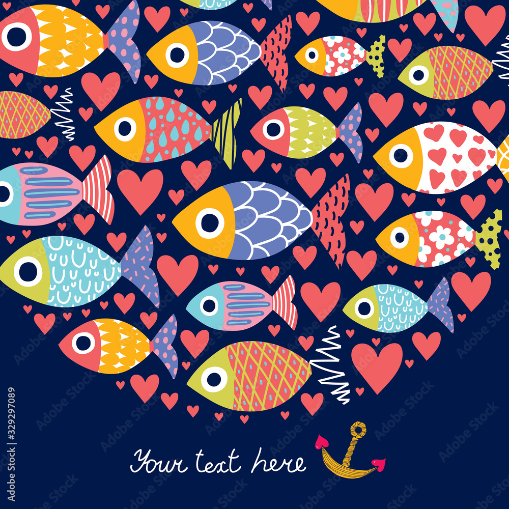 Fototapeta premium Cute postcard with decorative fish and hearts.