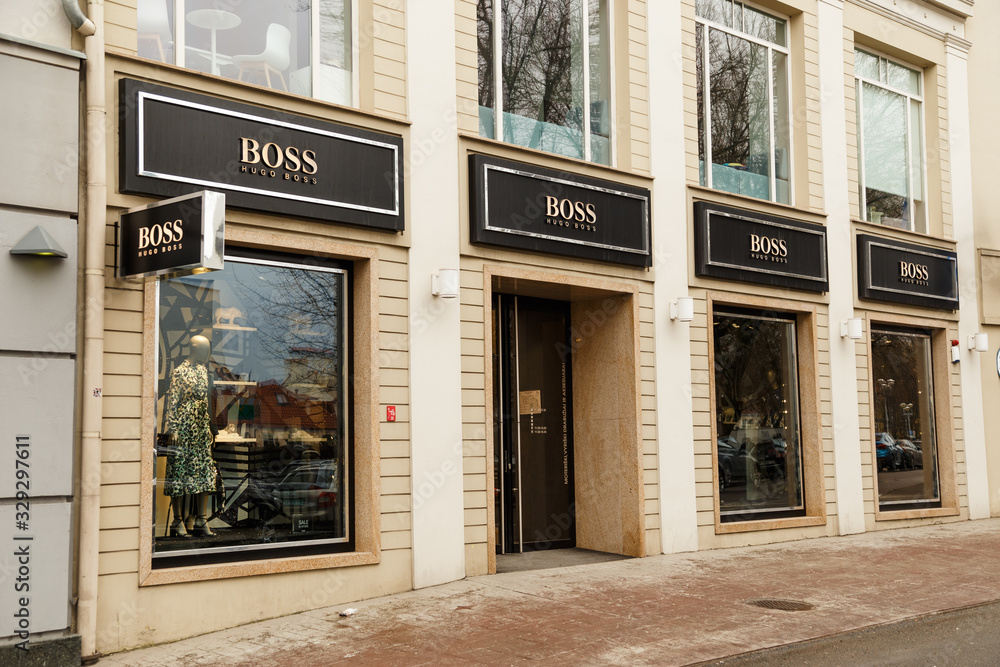 Vilnius, Lithuania - March 07: Hugo Boss boutique showcase in old town. Hugo  Boss is German luxury fashion and style brend Stock Photo | Adobe Stock
