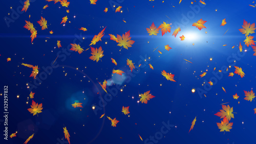 Magic Falling Beautiful Autumn Leaves With Shiny Glitter Dust In The Wind Against Dark Red And Blue Gradient Background