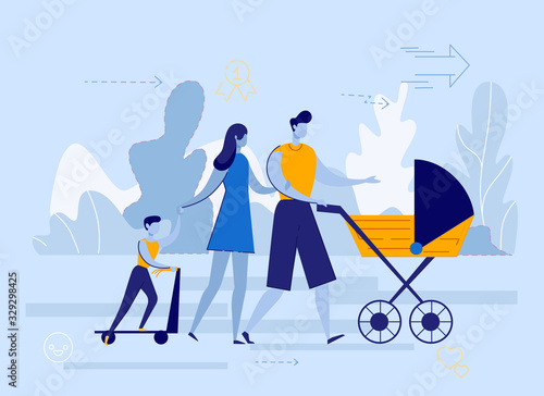 Flat Man and Woman with Children Walk on Street. Young Family Сouple Communicate. Husband and Wife Carrying Stroller, Son Riding Scooter with Pleasure. Vector Illustration Outdoor Activities