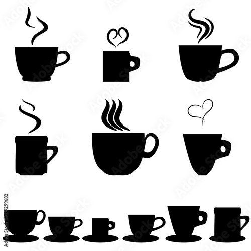 icon set of coffee cups and saucers  vector illustration of hot coffee cups silhouettes 