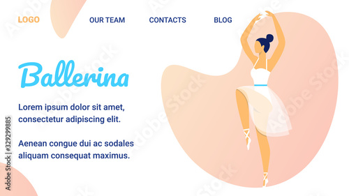 Beautiful Girl Ballerina in White Pointe Shoes and Tutu Skirt Stand in Dancing Position, Performing on Stage. Woman Artist Prepare for Dance Show. Cartoon Flat Vector Illustration, Horizontal Banner