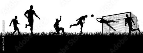 Soccer football players in silhouette playing a match game scene
