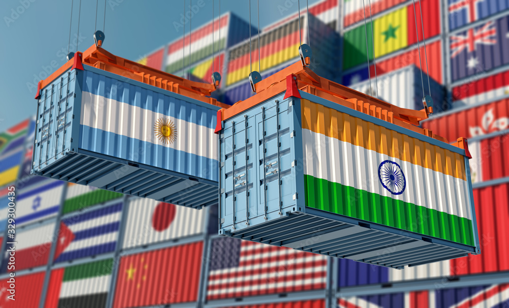 Shipping containers with India and Argentina flag. 3D Rendering 