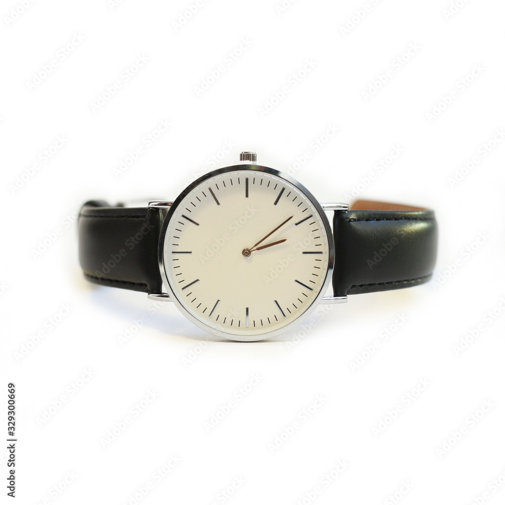 wristwatch with a black strap and a white dial on an isolated white background. wristwatch with a black strap and a white dial on an isolated white background.