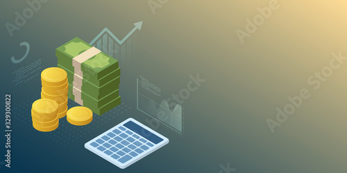Cash stack calculator and investment statistics chart isometric financial growth illustration