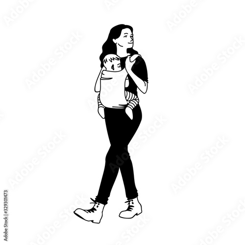 Happy mother carrying a child using a handy device baby carrier. Vector illustration of young woman taking walk with her baby. Concept. Happy parenting, mother walks and her baby sits in baby carrier.
