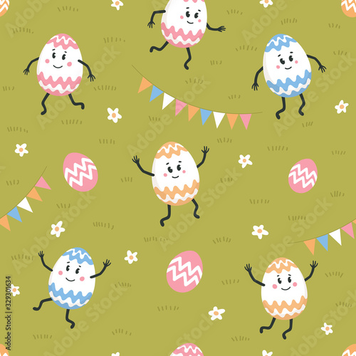 Easter seamless pattern. Colored eggs with cute faces dancing on a green lawn...