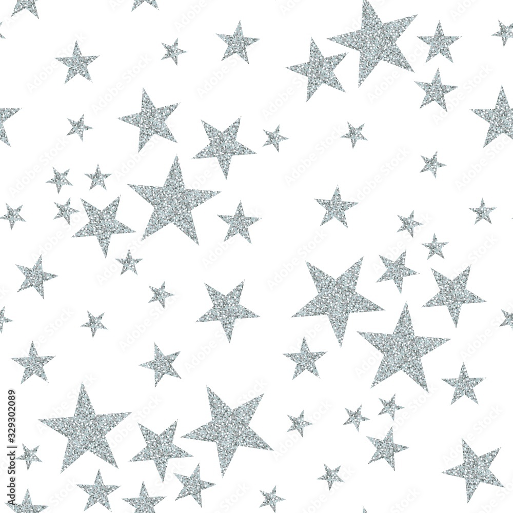 Silver stars on white background. Seamless pattern with glitter