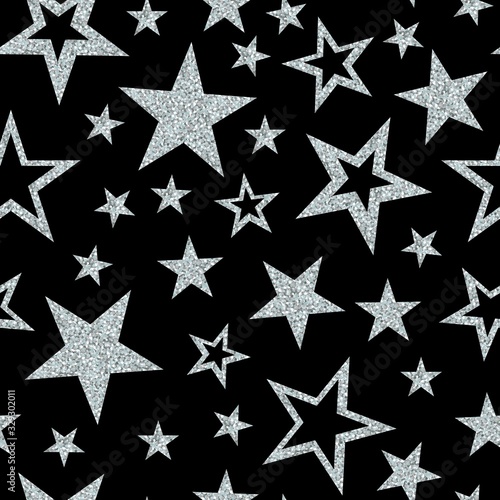 3D Fototapete Silber - Fototapete Seamless pattern with silver glitter sparkle stars on black background. Vector illustration.