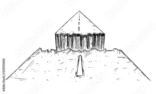 Vector black and white conceptual drawing or illustration of road interrupted by chasm or break, business or career concept, obstacle in way forward.