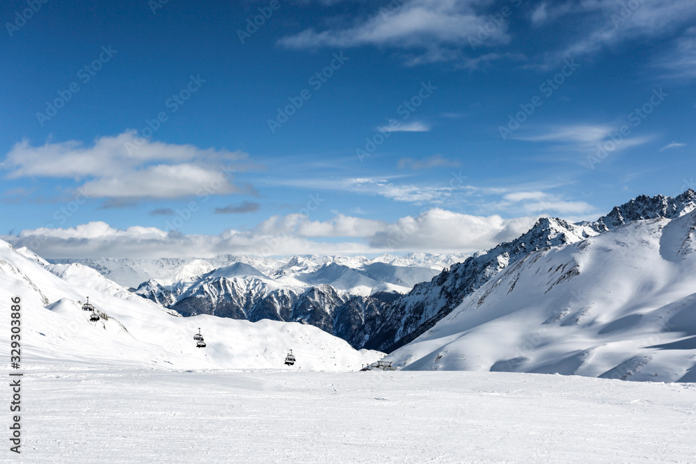 Winter landscape of mountains and free space for your decoration. 