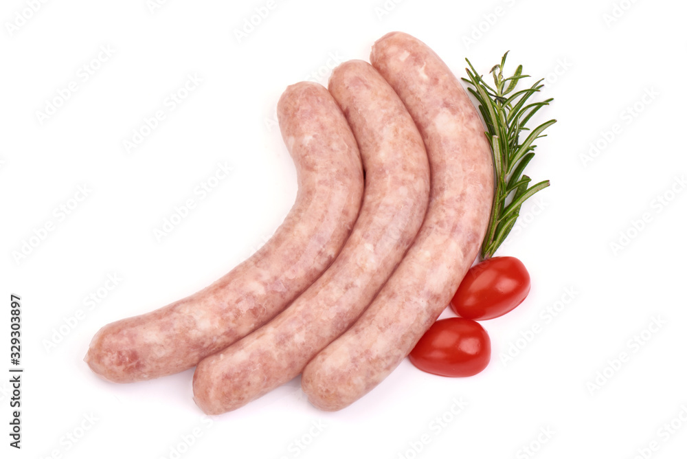 Sausages for frying, grill pork sausages, isolated on white background Sausages for frying, grill pork sausages, isolated on white background