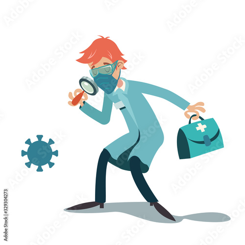 Doctor virologist character with magnifying glass and cartoon design vector illustration