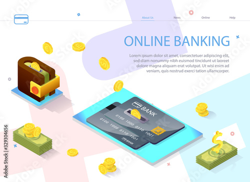 Advertising Banner Online Banking Inscription. Poster Service Reminder about Obligatory Payments on Repayment Loan Debt. Flyer Coins Fall into Slot on Credit Card. Vector Illustration.