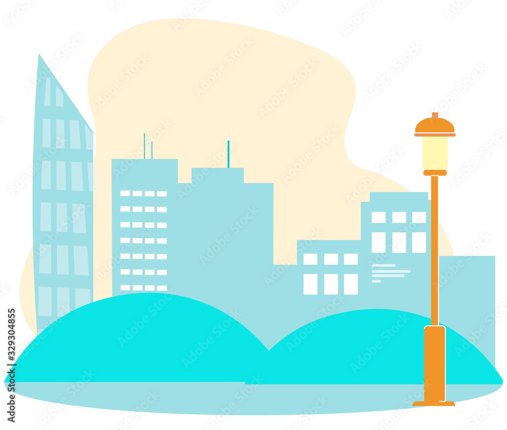 Modern Business Center Scene with Flat Skyscrapers. Metropolis Street. Sidewalk with Lantern and Bushes. Cartoon High Building Towers in Smart City. Vector Cityscape Cutout Illustration