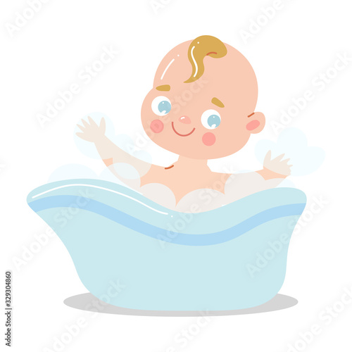 Cute happy smiling baby taking a bath playing with foam bubbles. Vector illustration in flat cartoon style.