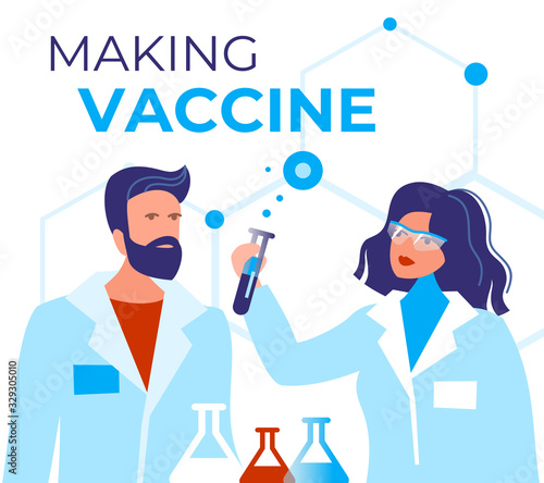 Creating a coronavirus vaccine vector illustration. Two scientists, a man and a woman in the lab are making an effective vaccine to save humanity. COVID-19 protection from the virus.