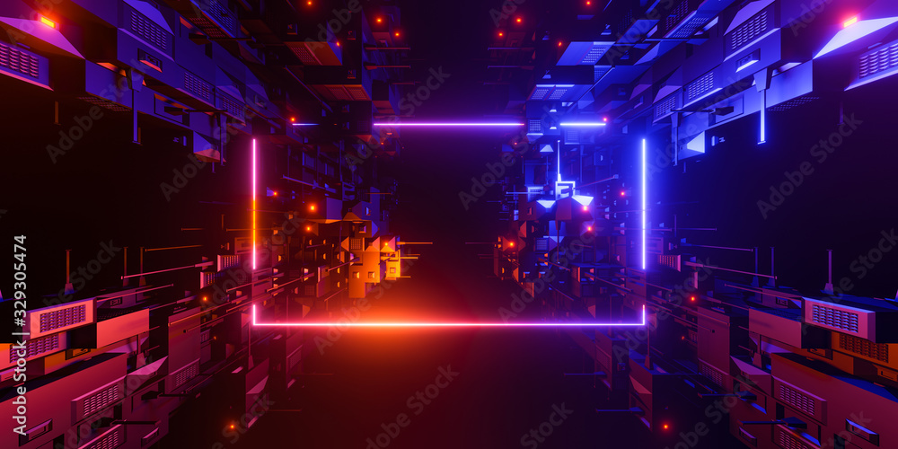 Abstract geometric background sci-fi construction of cubes or space station, blue yellow neon glowing light, blank horizontal rectangular frame. Copy space. 3d illustration