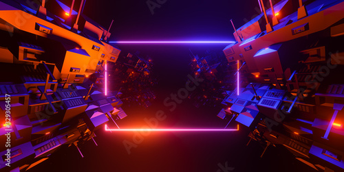 Abstract geometric background sci-fi construction of cubes or space station, blue yellow neon glowing light, blank horizontal rectangular frame. Copy space. 3d illustration