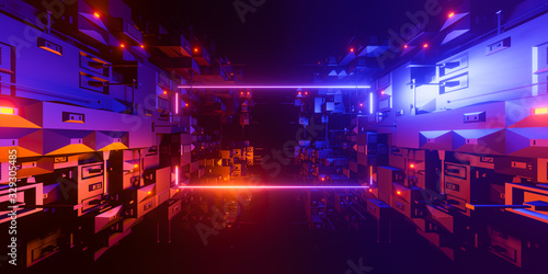 Abstract geometric background sci-fi construction of cubes or space station, blue yellow neon glowing light, blank horizontal rectangular frame. Copy space. 3d illustration