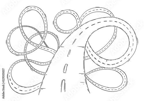 Vector black and white conceptual business drawing or illustration of chaos road, problem or obstacle in way, uncertain direction and difficult choices.
