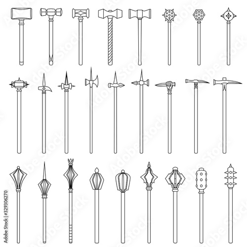 Set of simple monochrome vector images of medieval war hammers and maces drawn by lines.