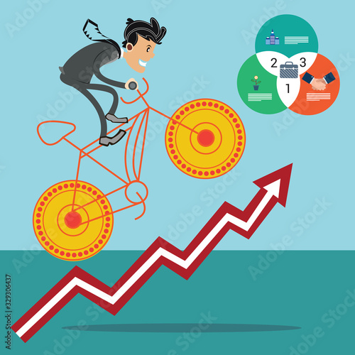 Young businessman riding growing chart with gold coin wheels bicycle success concept