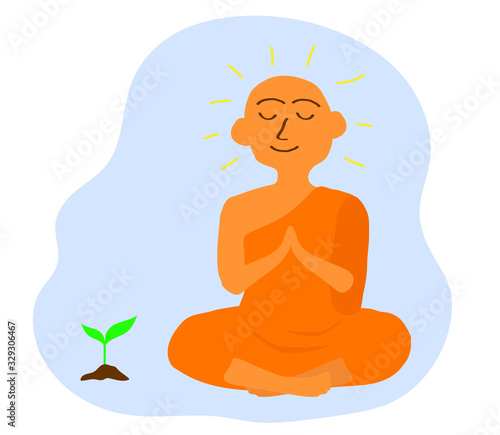 Buddhist monk and plant on a blue background. Vector illustration.