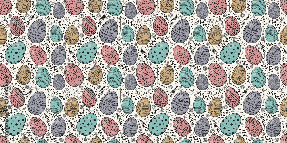 Obraz premium Easter texture with cute colorful eggs. Vector