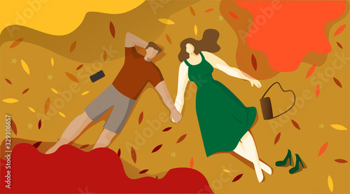 Romance Outdoor Recreation Vector Illustration. Woman in Dress Lying on Grass Holding Hands with Man. Couple in Love Resting on Grass Looking to Sky, View from Above. Cartoon Flat.
