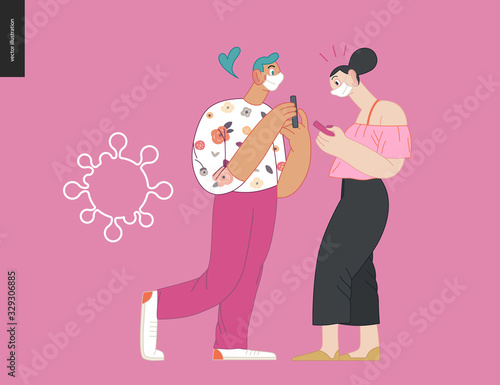Waiting in line coronavirus - modern flat vector concept illustration of people standing in line wearing mask, talking to each other. Multicultural, multilingual people, coronavirus protection concept