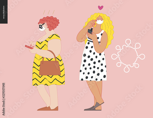 Waiting in line coronavirus - modern flat vector concept illustration of people standing in line wearing mask, talking to each other. Multicultural, multilingual people, coronavirus protection concept