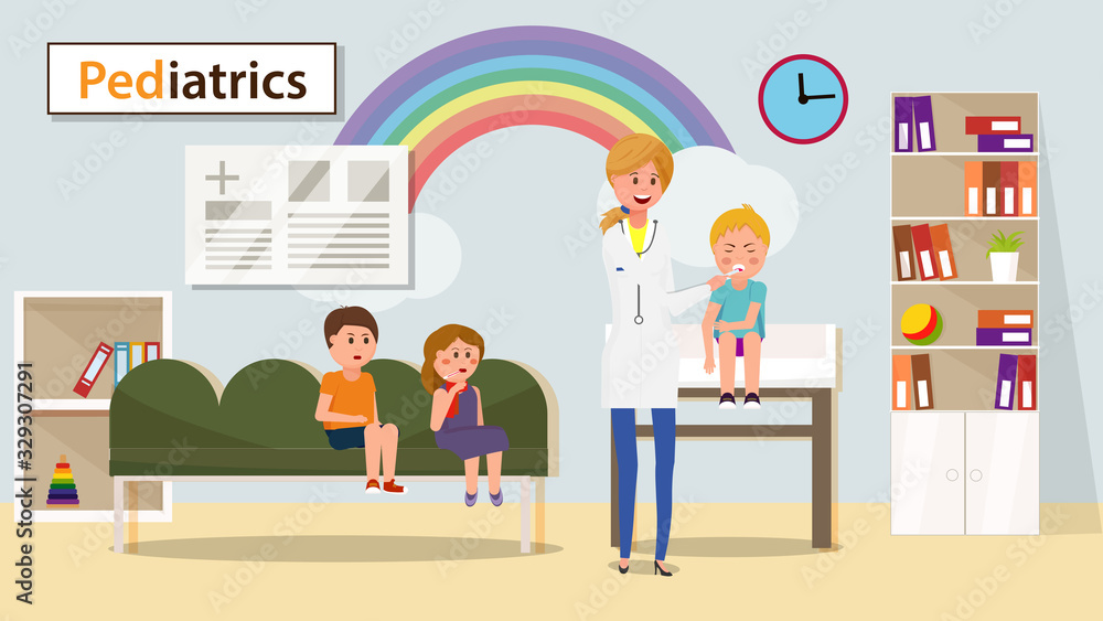 Pediatrician Measuring Boy Temperature Flat Cartoon Banner Vector Illustartion. Pediatric Department in Hospital. Woman Doctor Examining Child. Children Waiting On Sofa with Thermometer. Pediatrician Measuring Boy Temperature Flat Cartoon Banner Vector Illustartion. Pediatric Department in Hospital. Woman Doctor Examining Child. Children Waiting On Sofa with Thermometer.