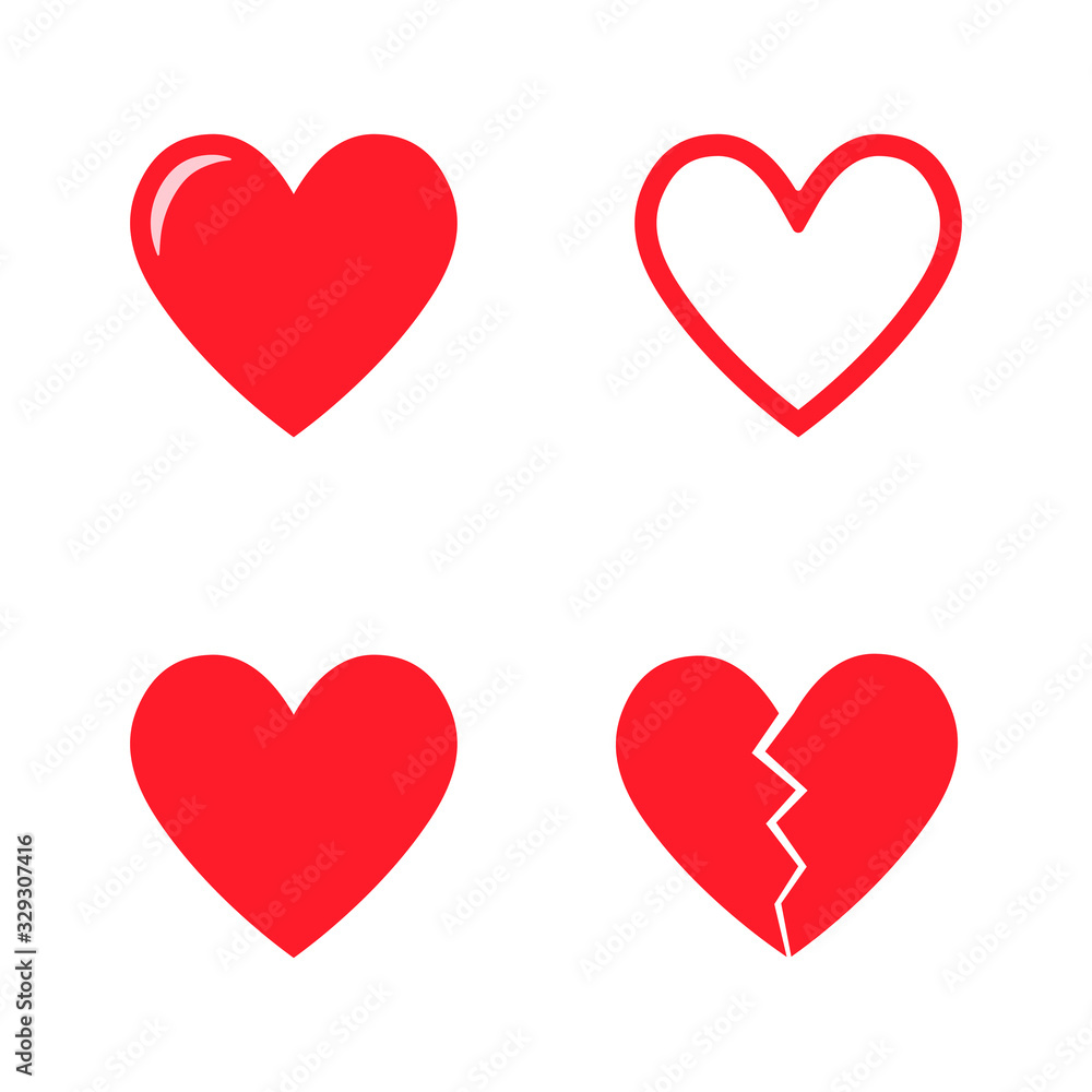 Set of red hearts, love icons vector set