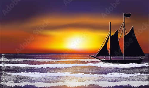 Tropical   wallpaper with sailboat, vector illustration
