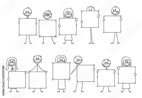 Vector cartoon stick figure drawing conceptual illustration of set or group of people wearing face masks and holding big empty sign. Pollution, coronavirus,Infection and epidemic concept.