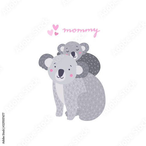 Koala mother and baby vector illustration. Cute koala bears isolated on white background