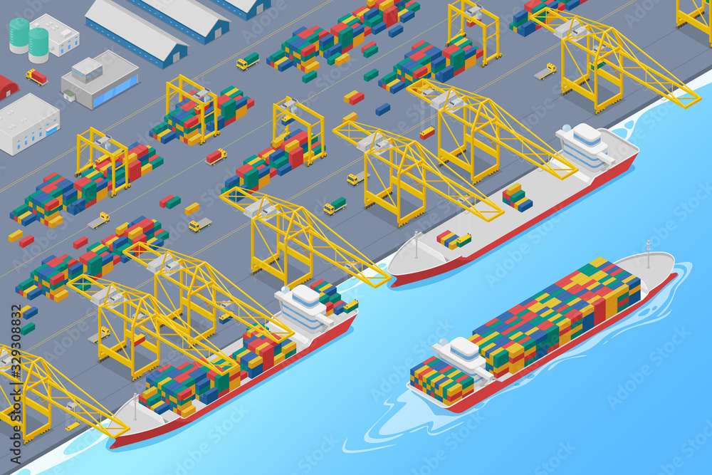 Port cranes in dock loading containers into cargo ship and unloading barge, shipping marine harbor warehouse isometric vector illustration