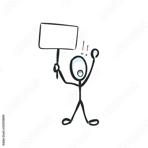 Man prostest with banner. Shout boycott and demand. Hand drawn. Stickman cartoon. Doodle sketch, Vector graphic illustration