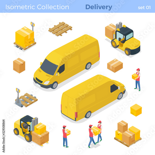 Deliver service van truck warehouse staff couriers holding parcel forklift loads boxes pallet packages isometric vector illustration set