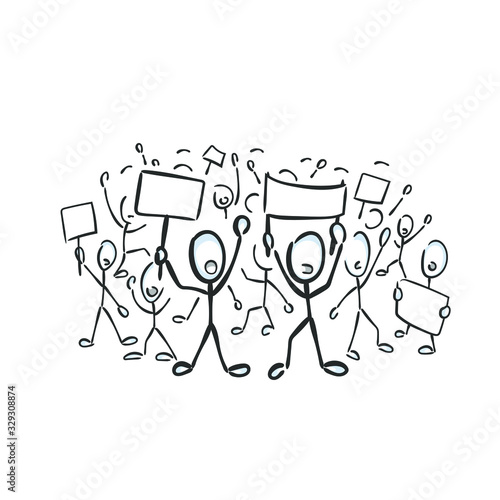 Public protest demonstration. People boycott government. Civil rights. Mass march. Hand drawn. Stickman cartoon. Doodle sketch, Vector graphic illustration