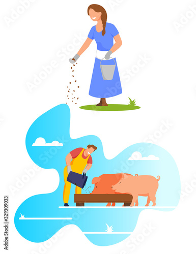 Woman Pouring Grain from Bucket on Ground  Feed Chicken  Farmer Feeding Pigs Put Food in Trough  Livestock  Domestic Animal Husbandry  Natural Eco Farm Production  Cartoon Flat Vector Illustration